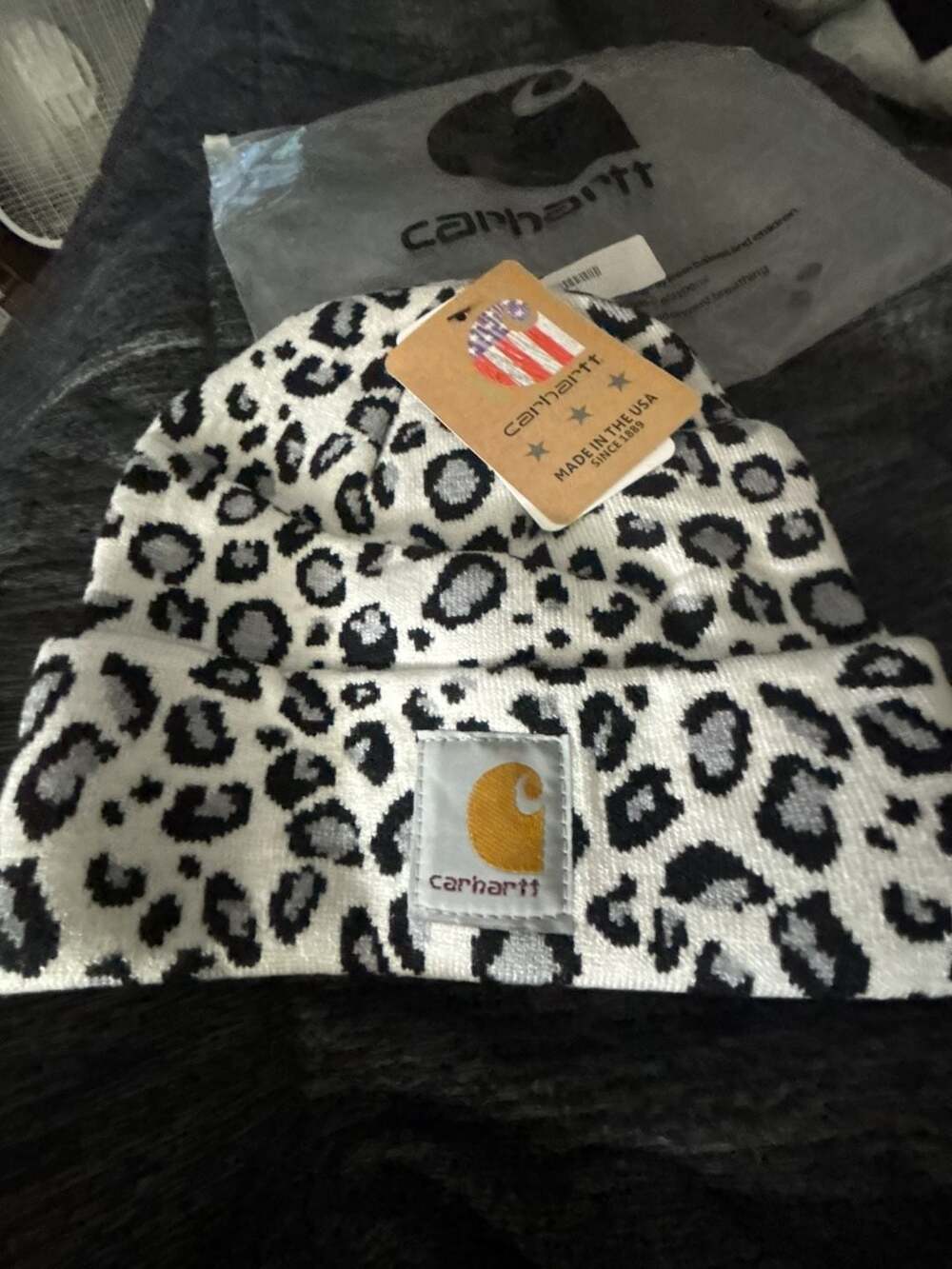 Carhartt White Cheetah Leopard Print Cuffed Beanie Hat